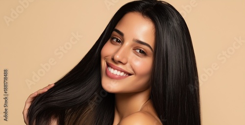 Natural Beauty Portrait of a Smiling Woman on Beige Background