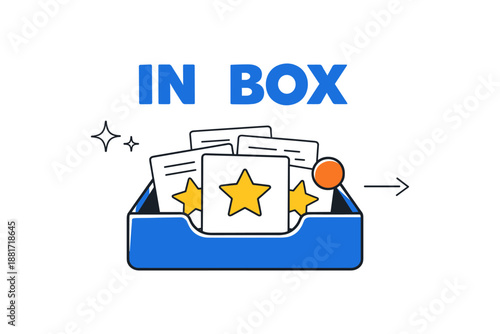 Inbox with documents and stars in blue tray on white background