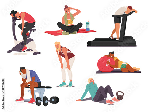 Exhausted workout design isolated set with tired people diverse cartoon characters doing sport