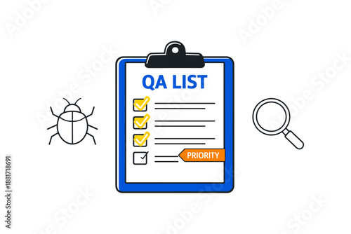 Quality assurance checklist with bug icon and magnifying glass