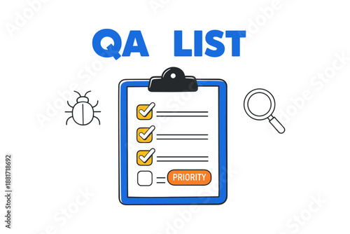 Qa checklist with icons for bug tracking and priority tasks