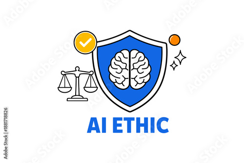 Ai ethics symbol: balancing scales, brain, and shield with checkmark and stars