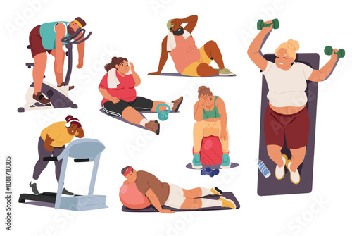 Exhausted overweight men and women characters struggling with intense physical exercise fatigue