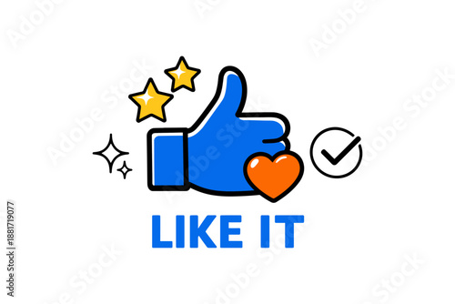 Thumbs up icon with stars, heart, and check mark symbolizing approval and like