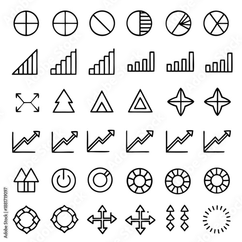 This image features a variety of icons representing different types of data visualizations, including pie charts, bar graphs, line graphs, and other statistical symbols.