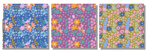 Minimalist Botanic Pattern Set. Blue, Mustard, Lavender Backgrounds