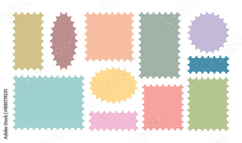 Colorful Postage stamp set. Collation of different  postage stamp Edge,  circle ,rectangle Vector Jagged Geometric Shapes.