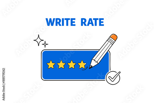 Five-star rating review with pencil and checkbox on blue background