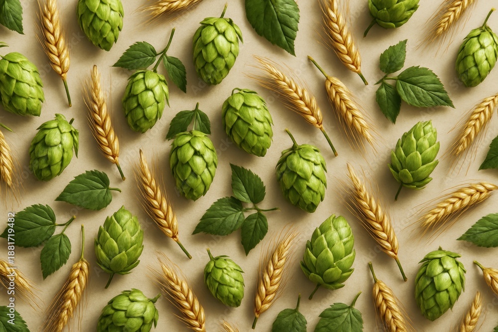 Fototapeta premium Hops cones, barley grains, and green leaves arranged in seamless pattern on light beige background in creative natural food composition style. Ai generative