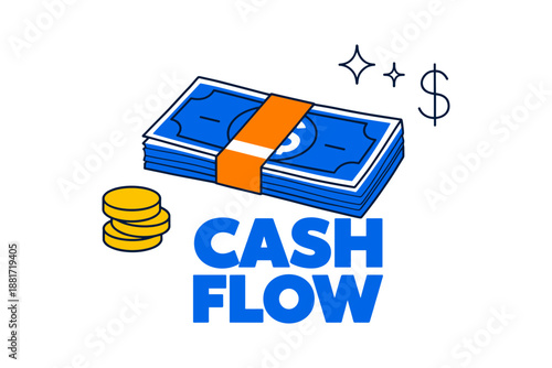 Cash flow concept with stack of dollar bills and coins illustration