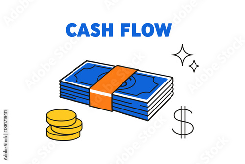 Cash flow concept with stack of blue bills gold coins and dollar sign illustration