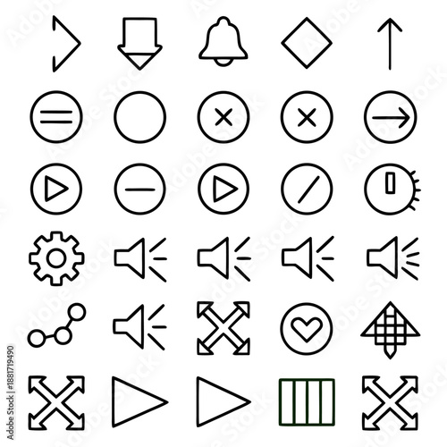 This image displays a collection of commonly used user interface icons. The icons represent various actions and states such as navigation, audio controls, and settings.