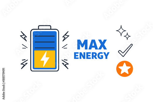 Battery icon with max energy concept: lightning bolt, checkmark, star, and sparkles