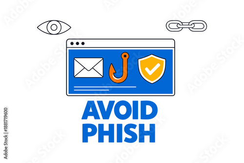 Avoid phishing illustration with email, hook, shield, eye, and chain symbols