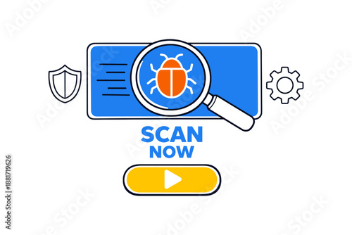 Detect malware: scan now banner with magnifying glass and bug icon
