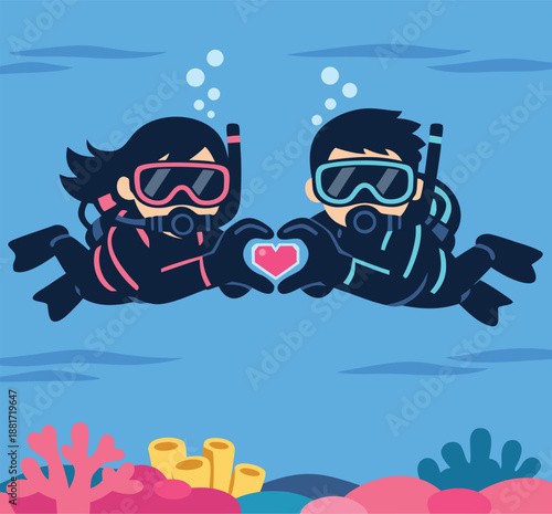 Cute scuba diving couple making heart shape underwater, romantic ocean illustration.eps