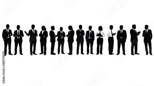 a group of business people standing in a line in black silhouette on white background