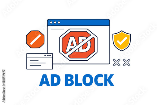 Ad block icon with browser window and shield symbol