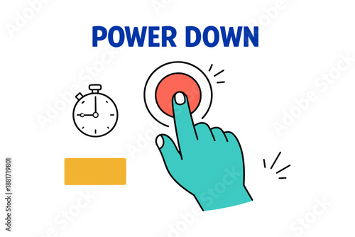 Hand pressing red button to power down with stopwatch icon and yellow rectangle