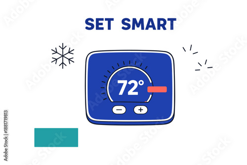 Energy efficient smart thermostat display with temperature reading 72 degrees
