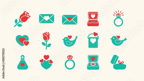 A collection of vibrant teal and red love themed icons depicting romance gifts and commitment