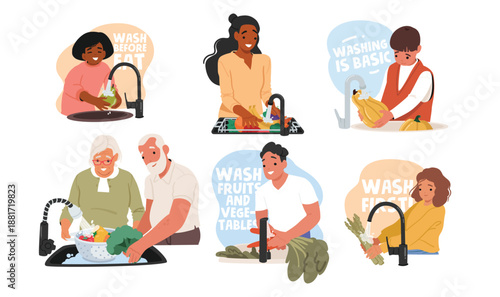 Diverse people characters washing vegetables and fruits before eat isolated cartoon scene set