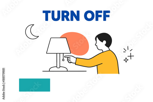 Minimalist illustration of male turning off lamp at night