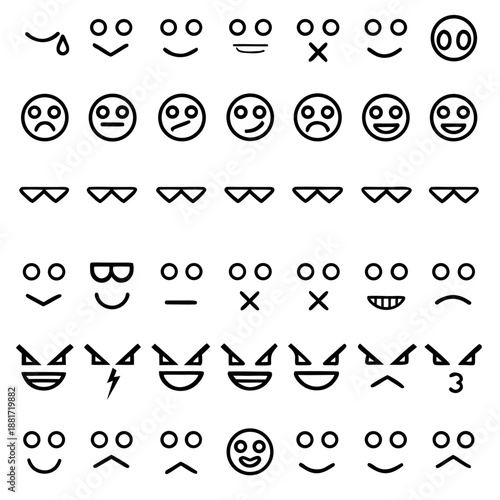 A collection of various emoticons and symbols, including faces, eyes, eyebrows, mouths, and other simple shapes.