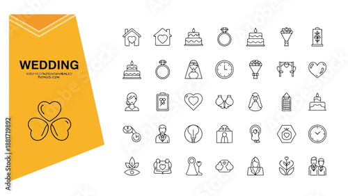 A collection of delicate wedding themed line icons displayed in a minimalist style on a yellow background