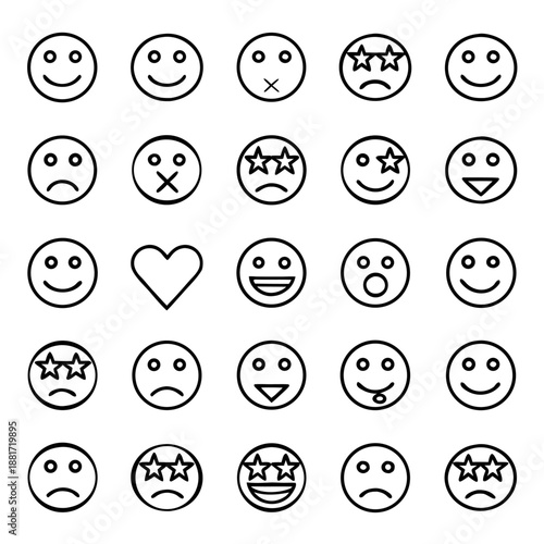 A collection of 25 different emoji faces, each representing various emotions and expressions.