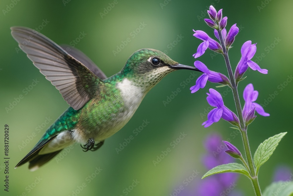 Fototapeta premium Hummingbird feeding from vibrant purple flower in midair with green blurred background and natural lighting captured in high detail close-up shot.