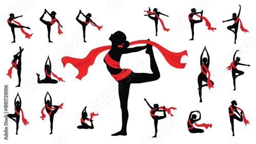 Silhouette of a dancer with flowing red ribbons performing various dynamic and expressive artistic poses