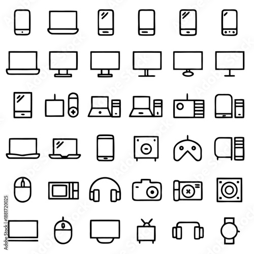 This image features a variety of icons representing different types of technology, including smartphones, tablets, laptops, desktops, gaming consoles, and accessories.
