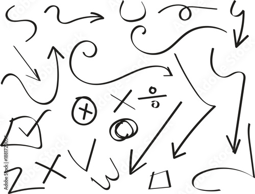 Hand drawn doodles and mathematical symbols on a white background