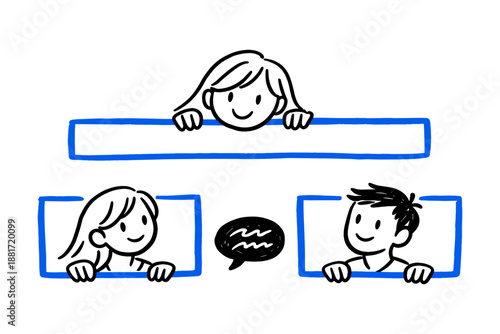 Cartoon characters communicating through video chat with speech bubble