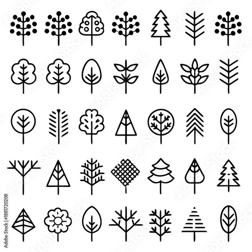 This image features a variety of simple, black-and-white line drawings of trees. Each tree has a unique design, showcasing different shapes and styles of foliage.
