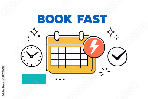 Quick booking symbol: yellow calendar with clock and checkmark illustration