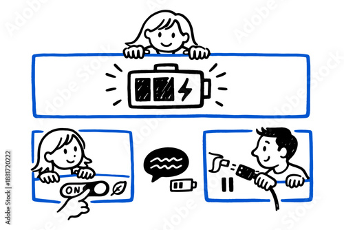 Cartoon illustration of young caucasian male and female interacting with battery and energy tools