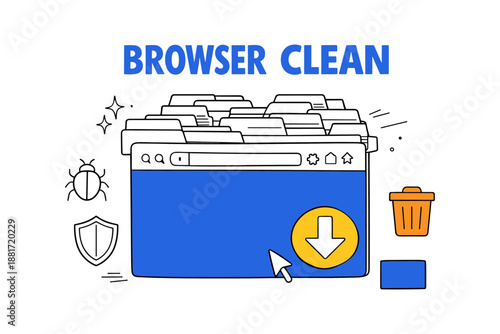 Digital device with browser cleanup icons and protective symbols