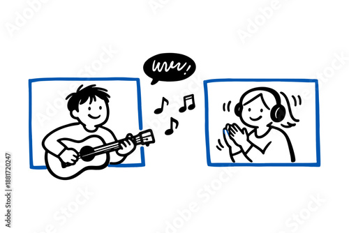Young caucasian male plays guitar for happy female in virtual communication