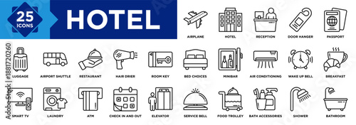 Hotel icon collection set. Containing Hotel, Reception, Door Hanger, Luggage, Service Bell, Food Trolley, Elevator, Bath Accessories, Shower, Bathroom icon