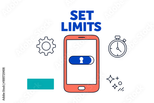 Digital wellness: smartphone with parental controls and time management icons