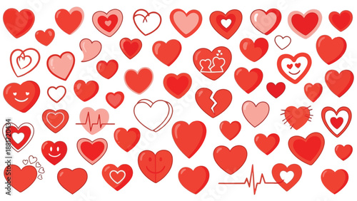 A delightful assortment of red and pink hearts with various expressions and designs fills the entire frame