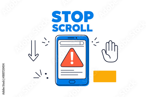 Stop scroll alert concept with smartphone icon and warning symbols