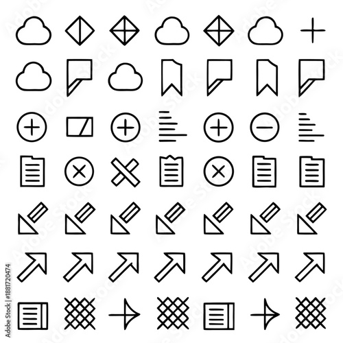 This image displays a variety of icons representing different functions and actions such as cloud storage, speech bubbles, plus signs, documents, and arrows.