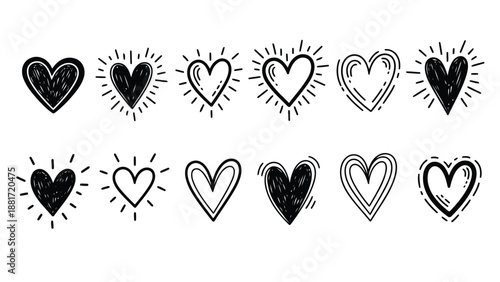 A collection of hand drawn hearts in various styles radiating love and affection through simple black lines