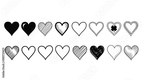 collection of various black and white heart shapes and designs on a plain white background