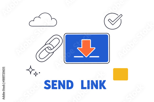 Digital file sharing concept with download icon and send link elements