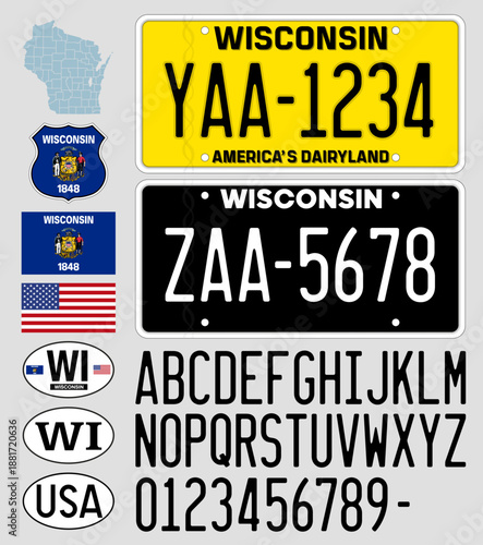 Wisconsin new license plate vintage pattern 2026, yellow and black, letters, numbers and symbols, USA, United States of America, vector illustration