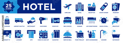 Hotel icon collection set. Containing Hotel, Reception, Door Hanger, Luggage, Service Bell, Food Trolley, Elevator, Bath Accessories, Shower, Bathroom icon